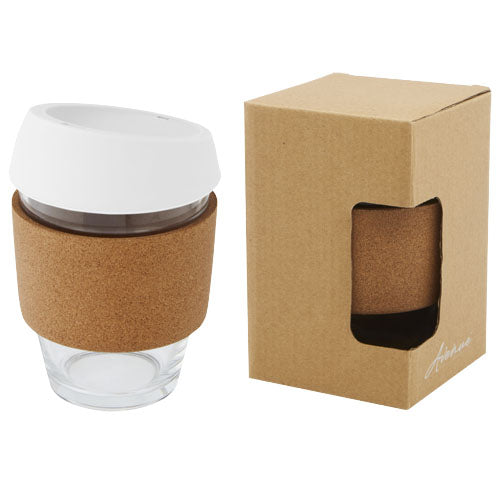Vaso de vidrio borosilicato de 360 ml con agarre de corcho y tapa de silicona
