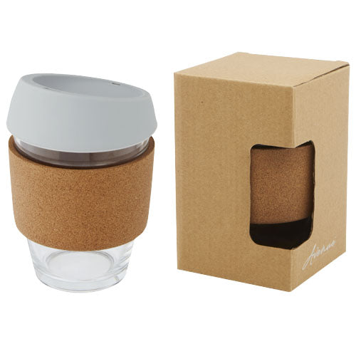 Vaso de vidrio borosilicato de 360 ml con agarre de corcho y tapa de silicona
