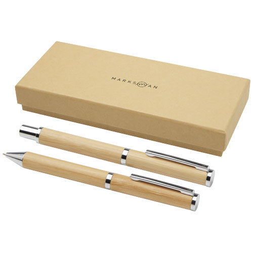 Set de regalo de bolígrafo y rollerball de bambú (tinta negra)