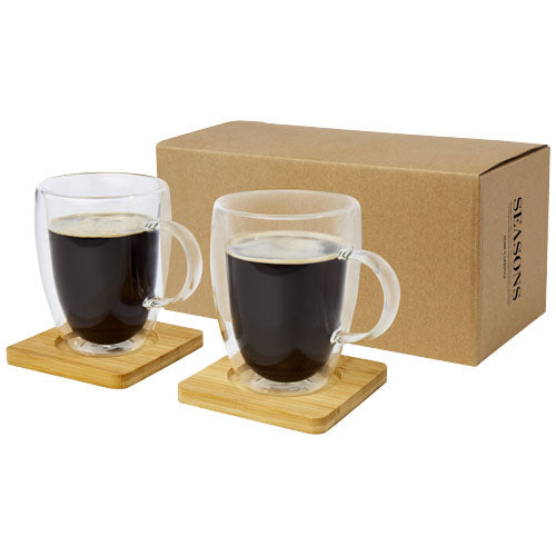 Dos tazas de vidrio de doble pared de 350 ml con posavasos de bambú
