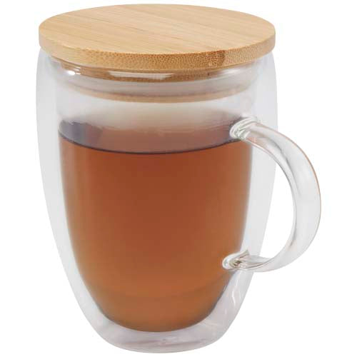 Taza de vidrio de 350 ml con tapa de bambú