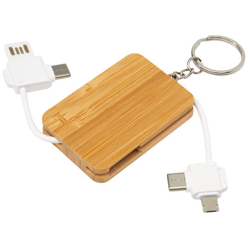 Llavero de bambú con cable de carga retráctil 6 en 1