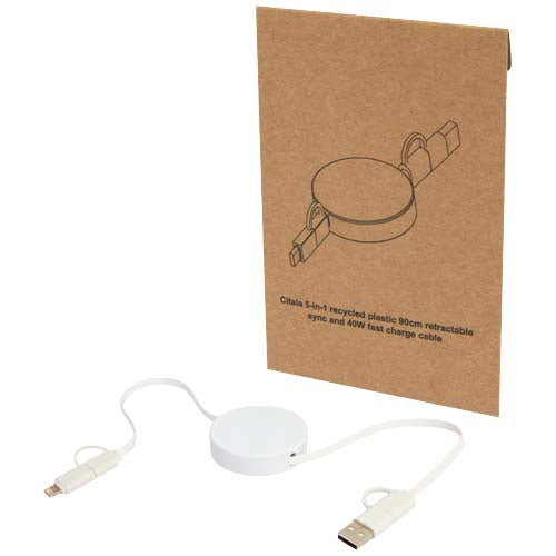Cable retráctil 5 en 1 de plástico reciclado de 90 cm para sincronización de datos y carga rápida de 40 W
