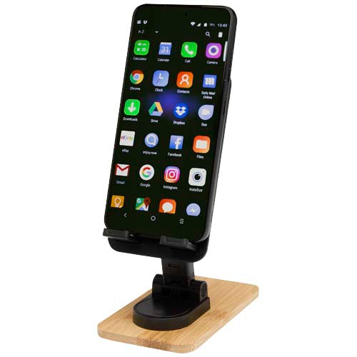Soporte para teléfono de sobremesa plegable de plástico reciclado con detalles de bambú
