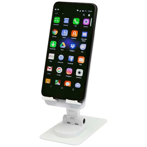 Soporte para teléfono plegable de plástico reciclado con soporte metálico para escritorio