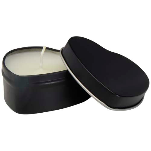 Vela con forma de corazón y aroma de vainilla en caja metálica