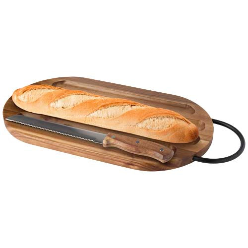 Tabla de cortar de madera de acacia con cuchillo para pan