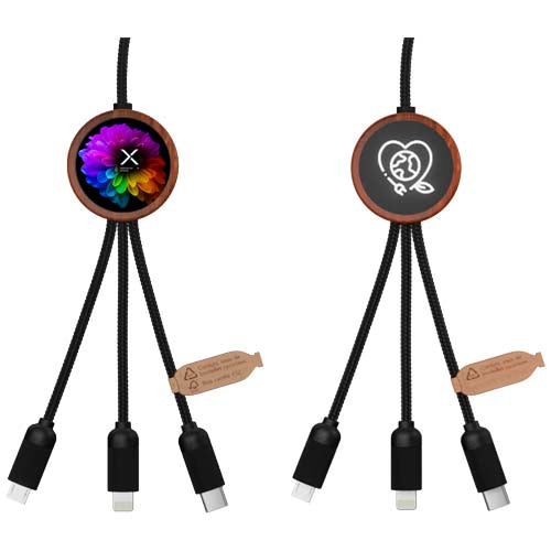 Cable de carga de 40 W 5 en 1 de PET reciclado con logo retroiluminado y estuche redondo de madera
