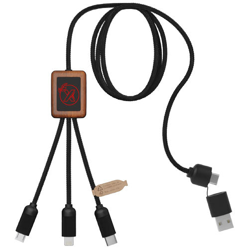 Cable de carga de 40 W 5 en 1 de PET reciclado con logo retroiluminado y estuche cuadrado de madera