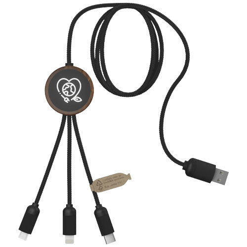 Cable de carga 3 en 1 extendido de PET reciclado con logotipo retroiluminado y estuche redondo de bambú