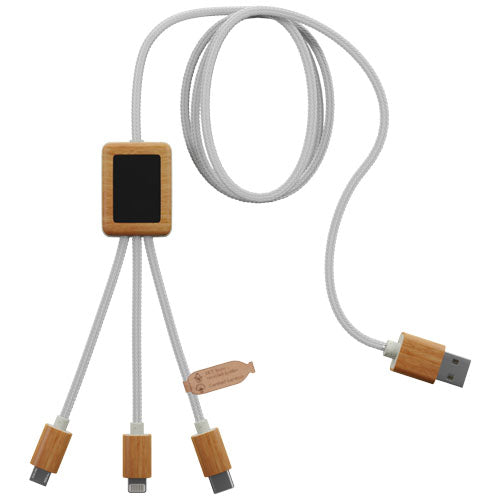 Cable de carga 3 en 1 de PET reciclado con logotipo retroiluminado y estuche cuadrado de bambú