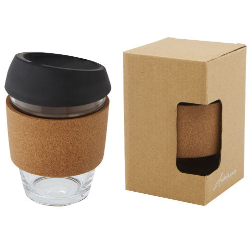 Vaso de vidrio borosilicato de 360 ml con agarre de corcho y tapa de silicona