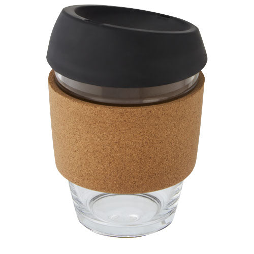 Vaso de vidrio borosilicato de 360 ml con agarre de corcho y tapa de silicona