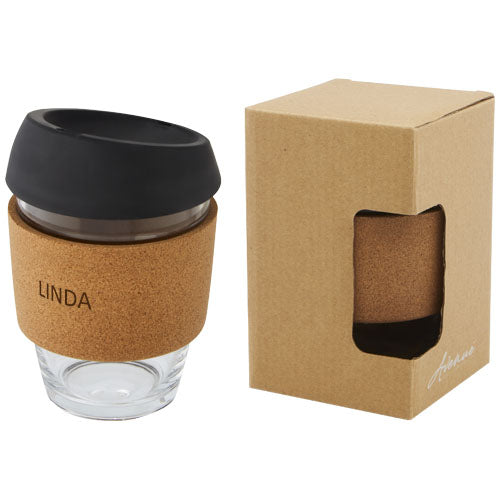 Vaso de vidrio borosilicato de 360 ml con agarre de corcho y tapa de silicona