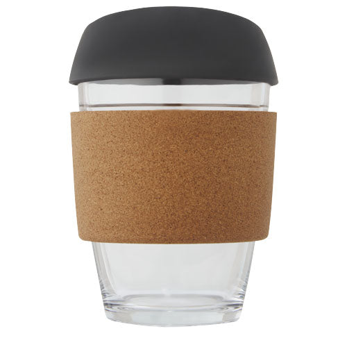 Vaso de vidrio borosilicato de 360 ml con agarre de corcho y tapa de silicona