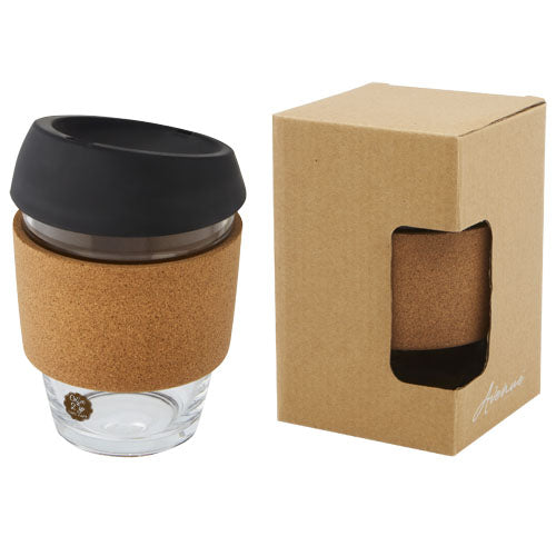 Vaso de vidrio borosilicato de 360 ml con agarre de corcho y tapa de silicona