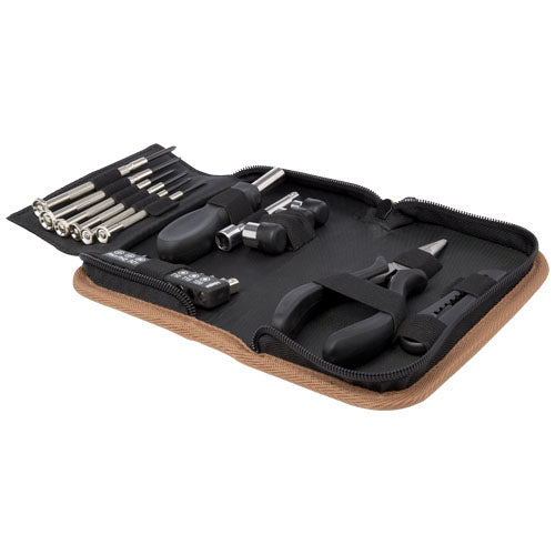 Set de herramientas de plástico reciclado con certificación RCS de 24 piezas con funda de corcho Spike