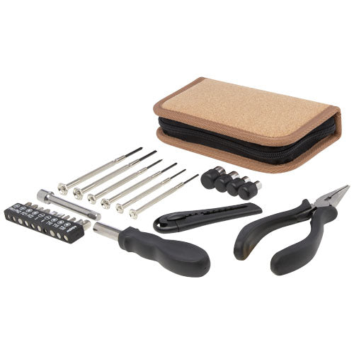 Set de herramientas de plástico reciclado con certificación RCS de 24 piezas con funda de corcho Spike
