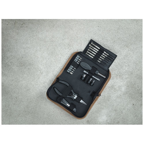 Set de herramientas de plástico reciclado con certificación RCS de 24 piezas con funda de corcho Spike