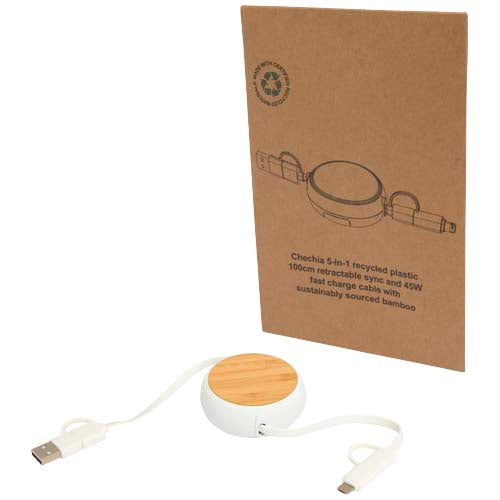 Cable retráctil 5 en 1 de plástico reciclado de 100 cm para sincronización de datos y carga rápida de 45 W con detalles de bambú