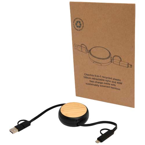 Cable retráctil 5 en 1 de plástico reciclado de 100 cm para sincronización de datos y carga rápida de 45 W con detalles de bambú