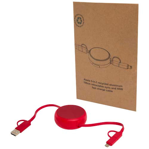 Cable retráctil 5 en 1 de 100 cm de plástico reciclado y aluminio para sincronización de datos y carga rápida de 45 W