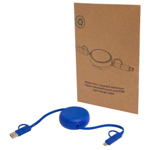 Cable retráctil 5 en 1 de 100 cm de plástico reciclado y aluminio para sincronización de datos y carga rápida de 45 W