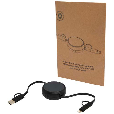 Cable retráctil 5 en 1 de 100 cm de plástico reciclado y aluminio para sincronización de datos y carga rápida de 45 W
