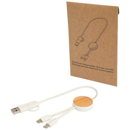 Cable 5 en 1 de plástico reciclado de 30 cm para sincronización de datos y carga rápida de 27 W con detalles de bambú
