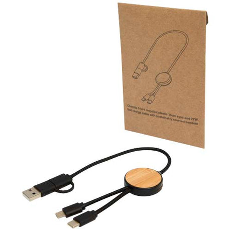 Cable 5 en 1 de plástico reciclado de 30 cm para sincronización de datos y carga rápida de 27 W con detalles de bambú