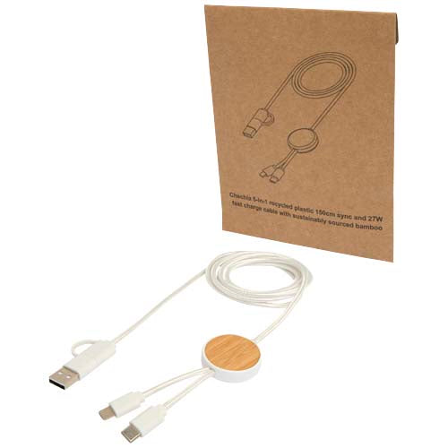 Cable 5 en 1 de plástico reciclado de 150 cm para sincronización de datos y carga rápida de 27 W con detalles de bambú