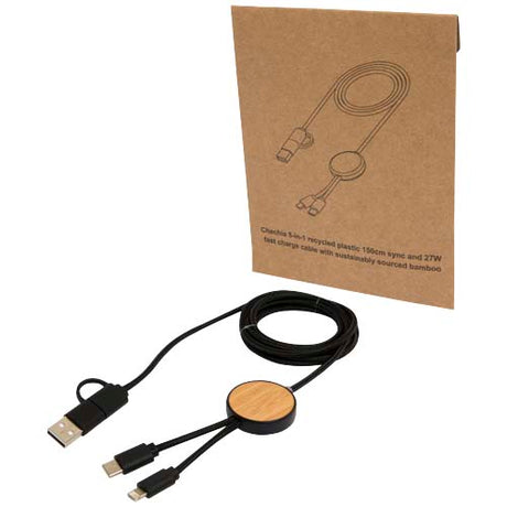 Cable 5 en 1 de plástico reciclado de 150 cm para sincronización de datos y carga rápida de 27 W con detalles de bambú