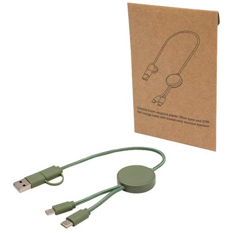 Cable 5 en 1 de plástico reciclado de 30 cm para sincronización de datos y carga rápida de 27 W