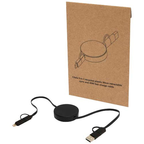 Cable retráctil 5 en 1 de plástico reciclado de 90 cm para sincronización de datos y carga rápida de 40 W