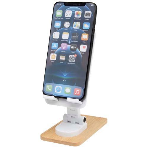 Soporte para teléfono de sobremesa plegable de plástico reciclado con detalles de bambú