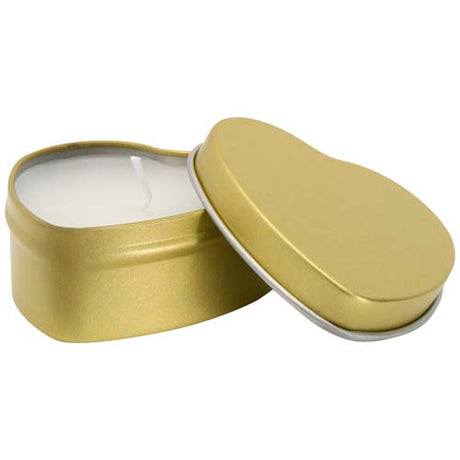Vela con forma de corazón y aroma de vainilla en caja metálica