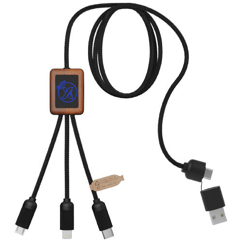 Cable de carga de 40 W 5 en 1 de PET reciclado con logo retroiluminado y estuche cuadrado de madera