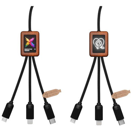 Cable de carga de 40 W 5 en 1 de PET reciclado con logo retroiluminado y estuche cuadrado de madera