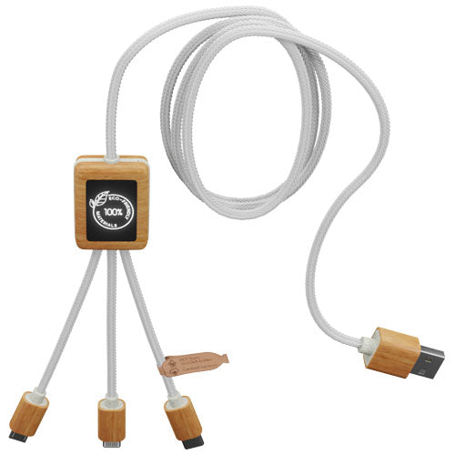 Cable de carga 3 en 1 de PET reciclado con logotipo retroiluminado y estuche cuadrado de bambú SCX.design C39