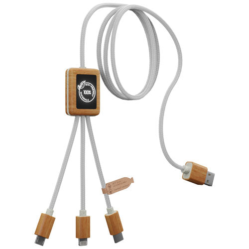 Cable de carga 3 en 1 de PET reciclado con logotipo retroiluminado y estuche cuadrado de bambú SCX.design C39