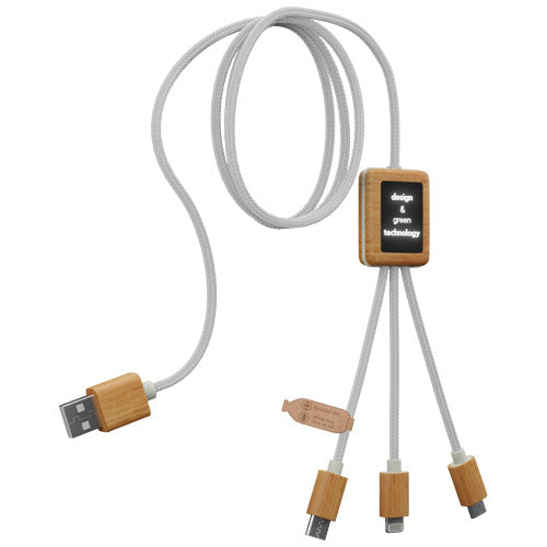 Cable de carga 3 en 1 de PET reciclado con logotipo retroiluminado y estuche cuadrado de bambú SCX.design C39