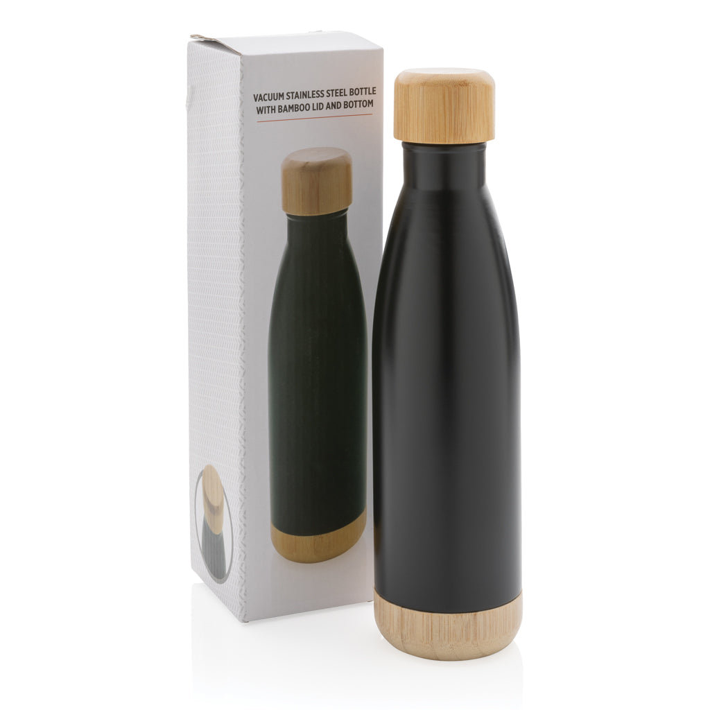 Botella acero inoxidable al vacío con tapa y fondo de bambú