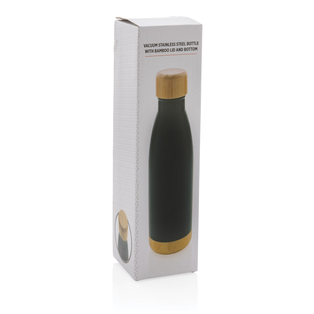 Botella acero inoxidable al vacío con tapa y fondo de bambú