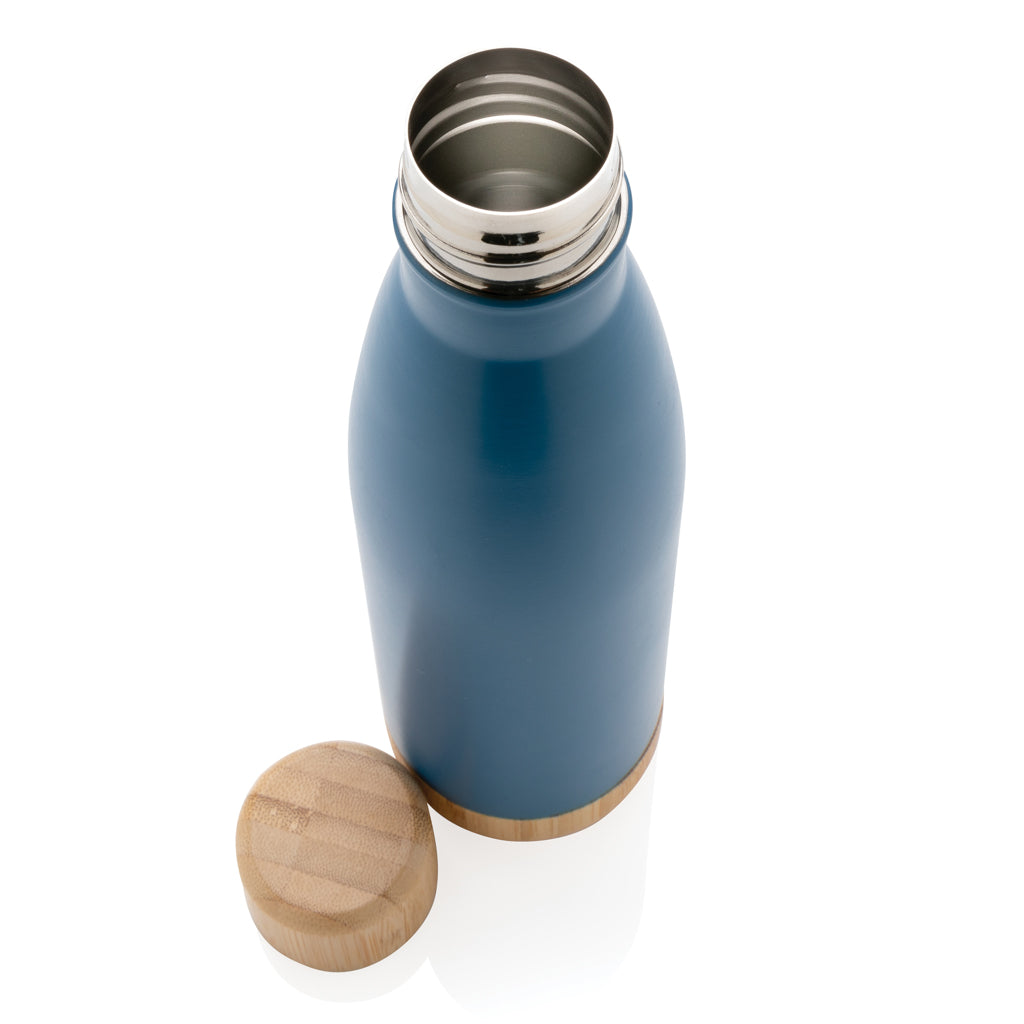 Botella acero inoxidable al vacío con tapa y fondo de bambú