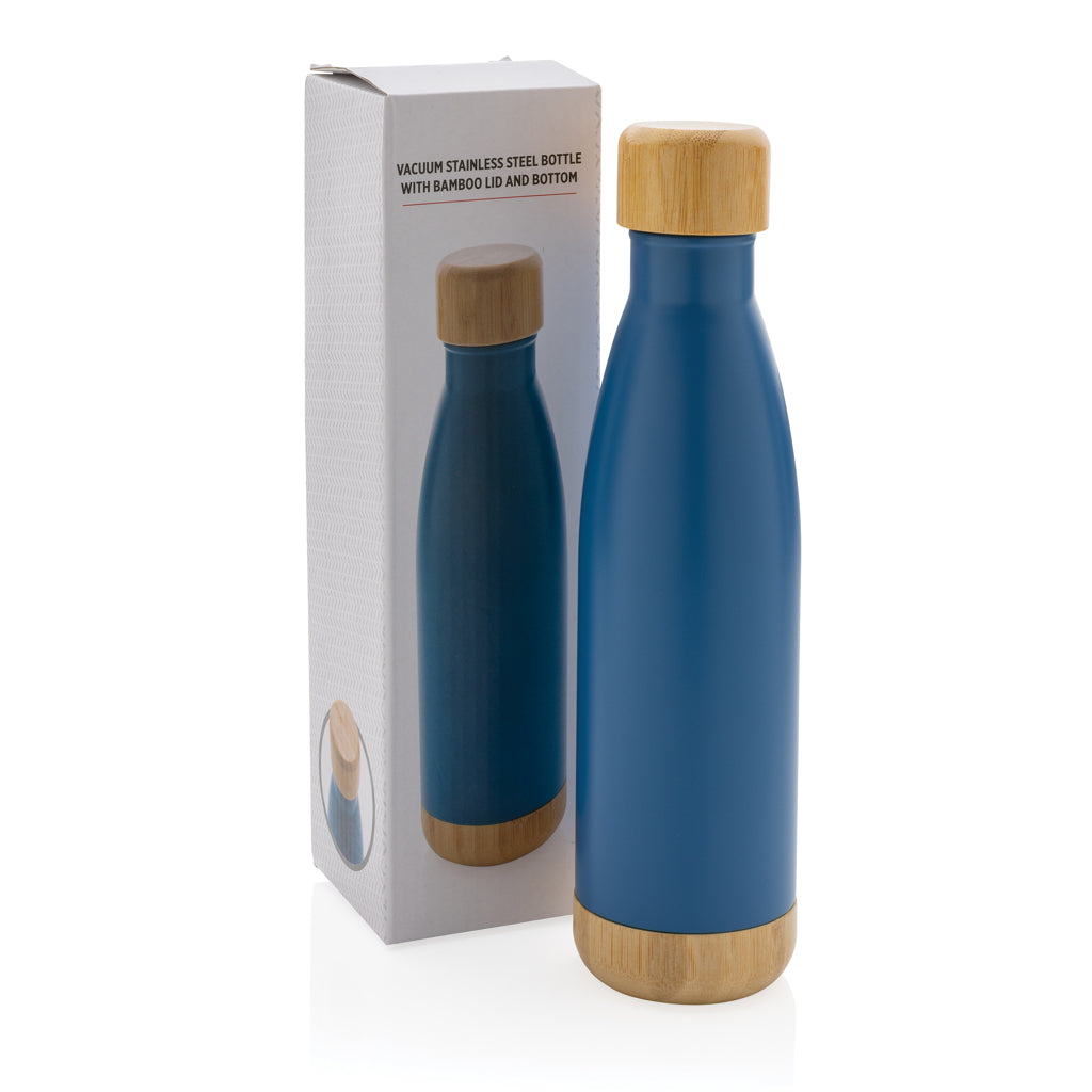 Botella acero inoxidable al vacío con tapa y fondo de bambú