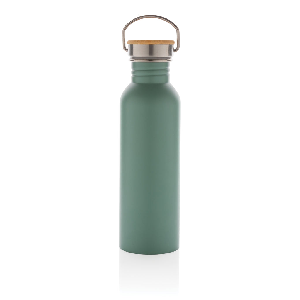 Botella moderna de acero inoxidable con tapa de bambú.